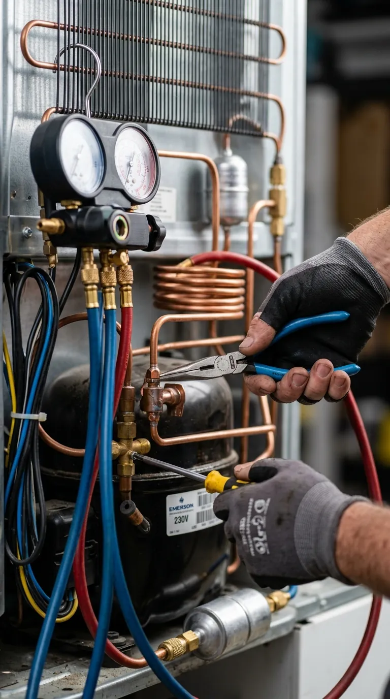 Técnico com luvas fazendo reparo na parte traseira de uma geladeira, com manômetros e ferramentas